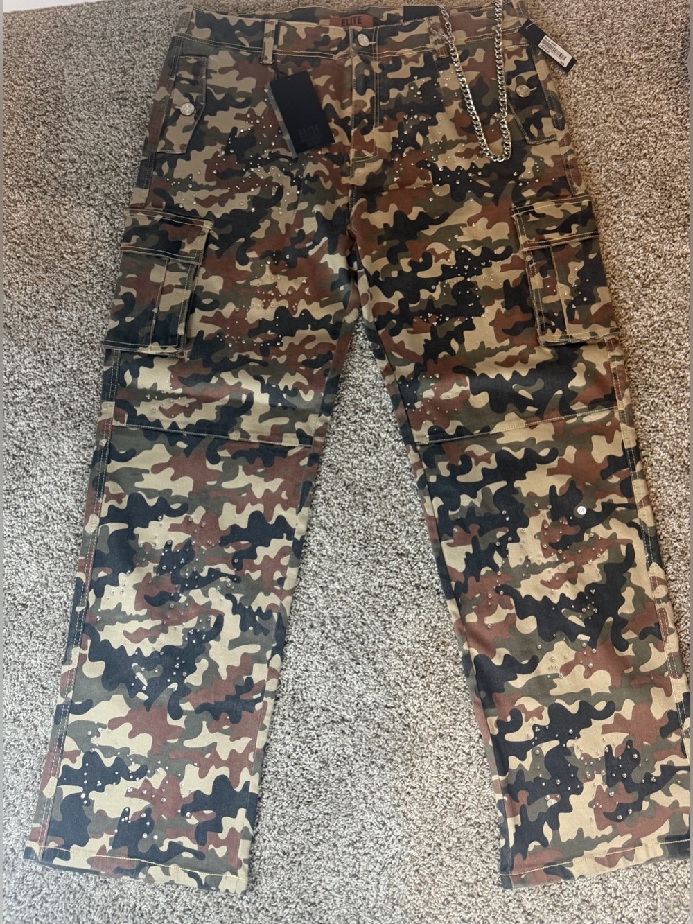 Elite Premium Denim Camo Cargo Pants Rhinestone Studded Chain Size 38 NWT